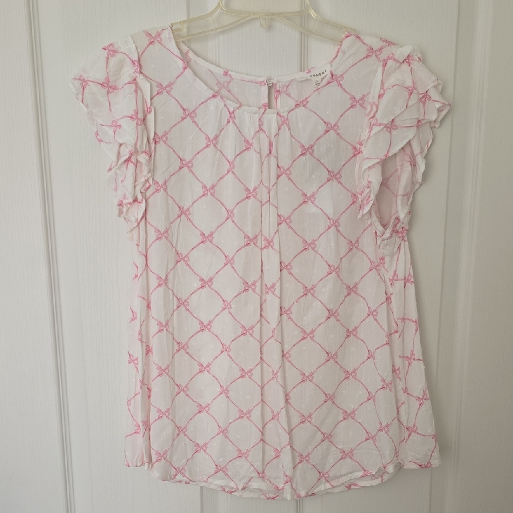 Blu Pepper White and Pink Bow Patterned Textured Blouse‎ NWT Size Large